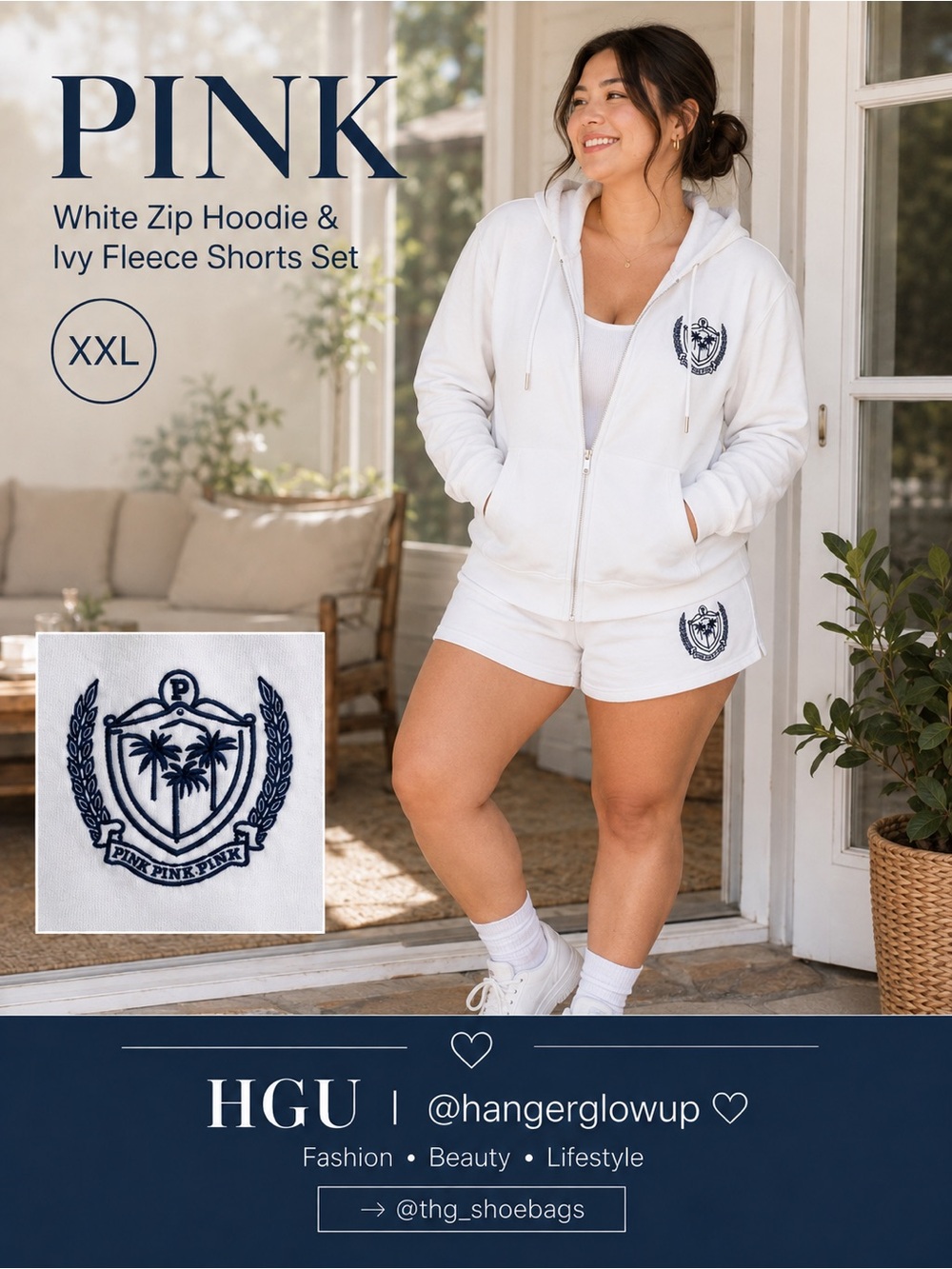 PINK Victoria’s Secret White Zip Hoodie & Ivy Fleece Shorts Set XXL NWT